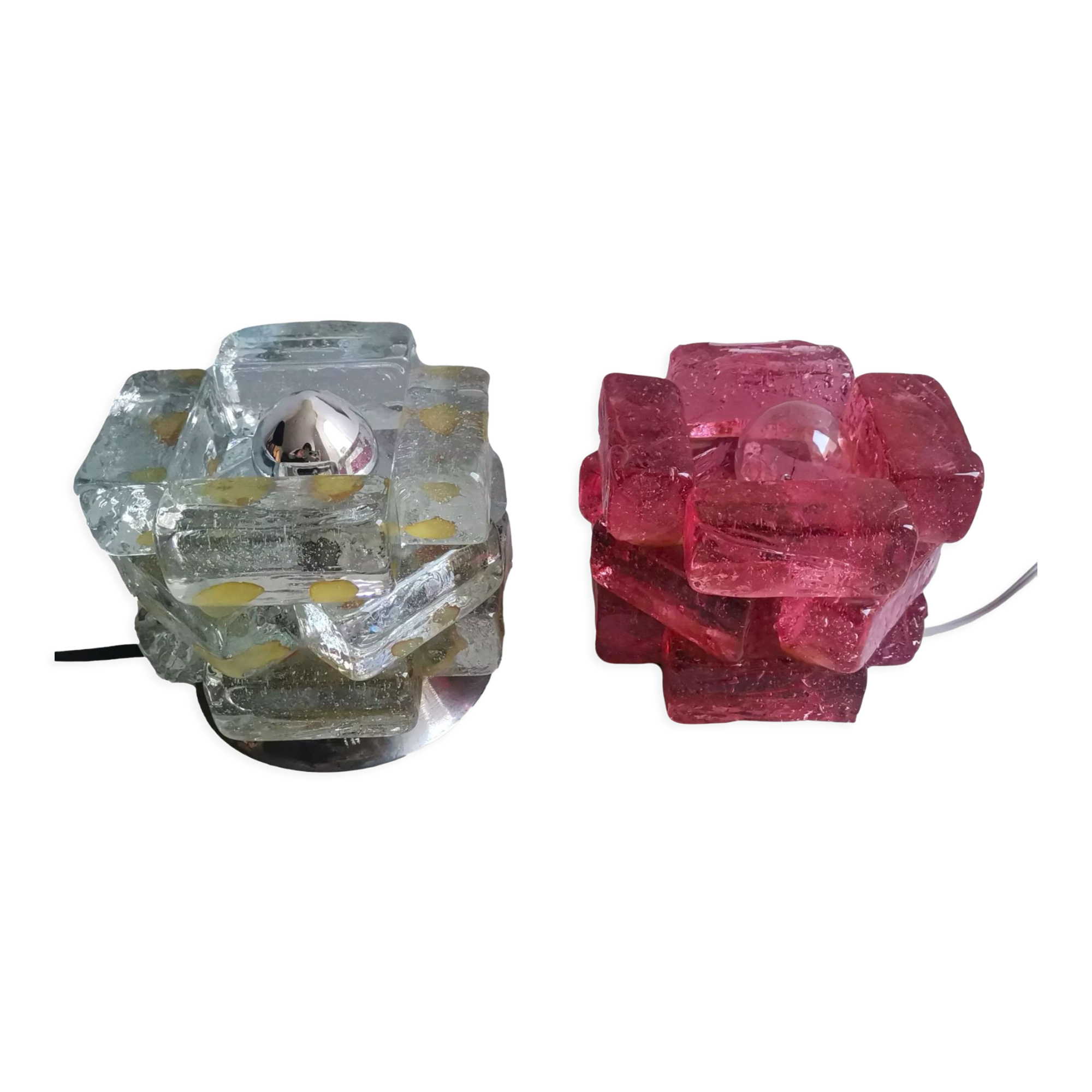 Brutalist solid bubble glass clear and red table lamps 1960s, set of 2