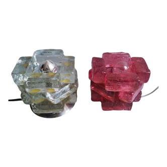 Brutalist solid bubble glass clear and red table lamps 1960s, set of 2