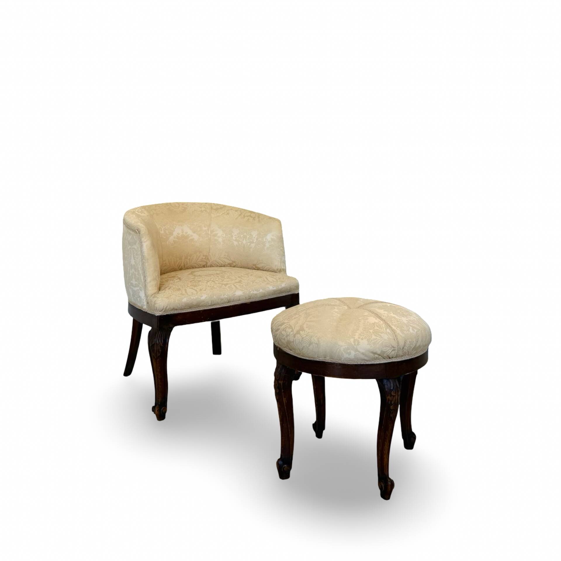 An antique Italian bar chair and a matching tufted vanity stool.