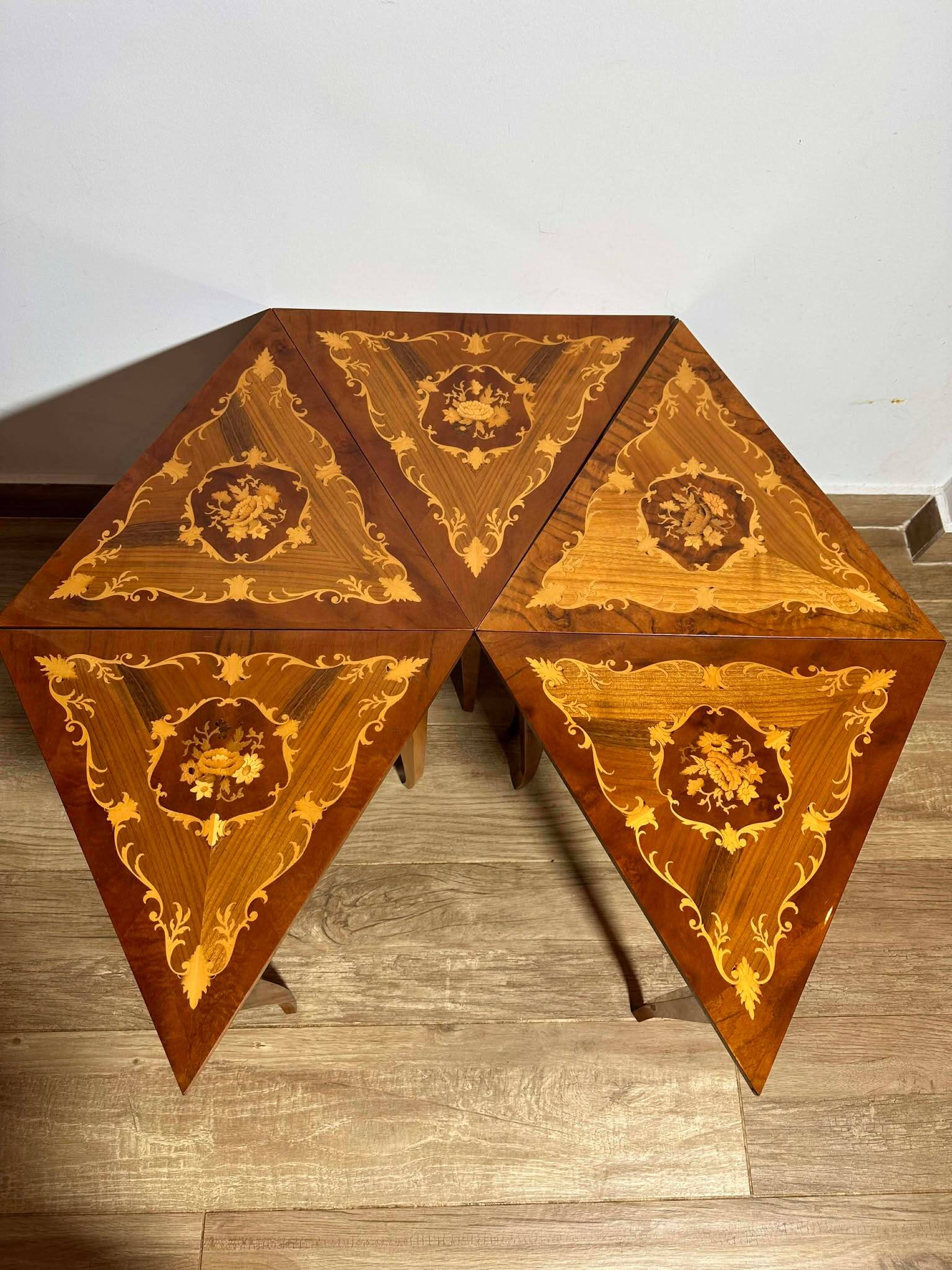 Italian Marquetry Five Piece Triangle Table