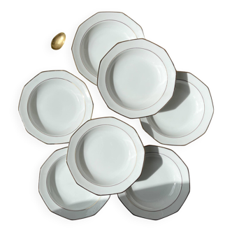 7 Assiettes creuses en porcelaine Winterling Marktleuthen Bavaria blanches dorées