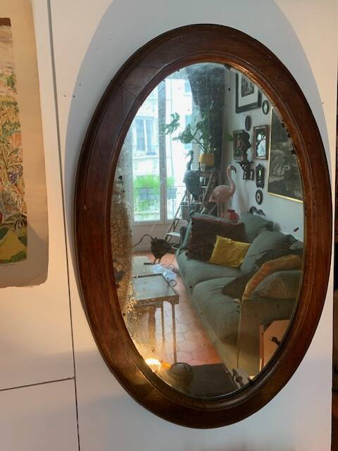 Large antique oval mahogany mirror, mercury glass, 19th century