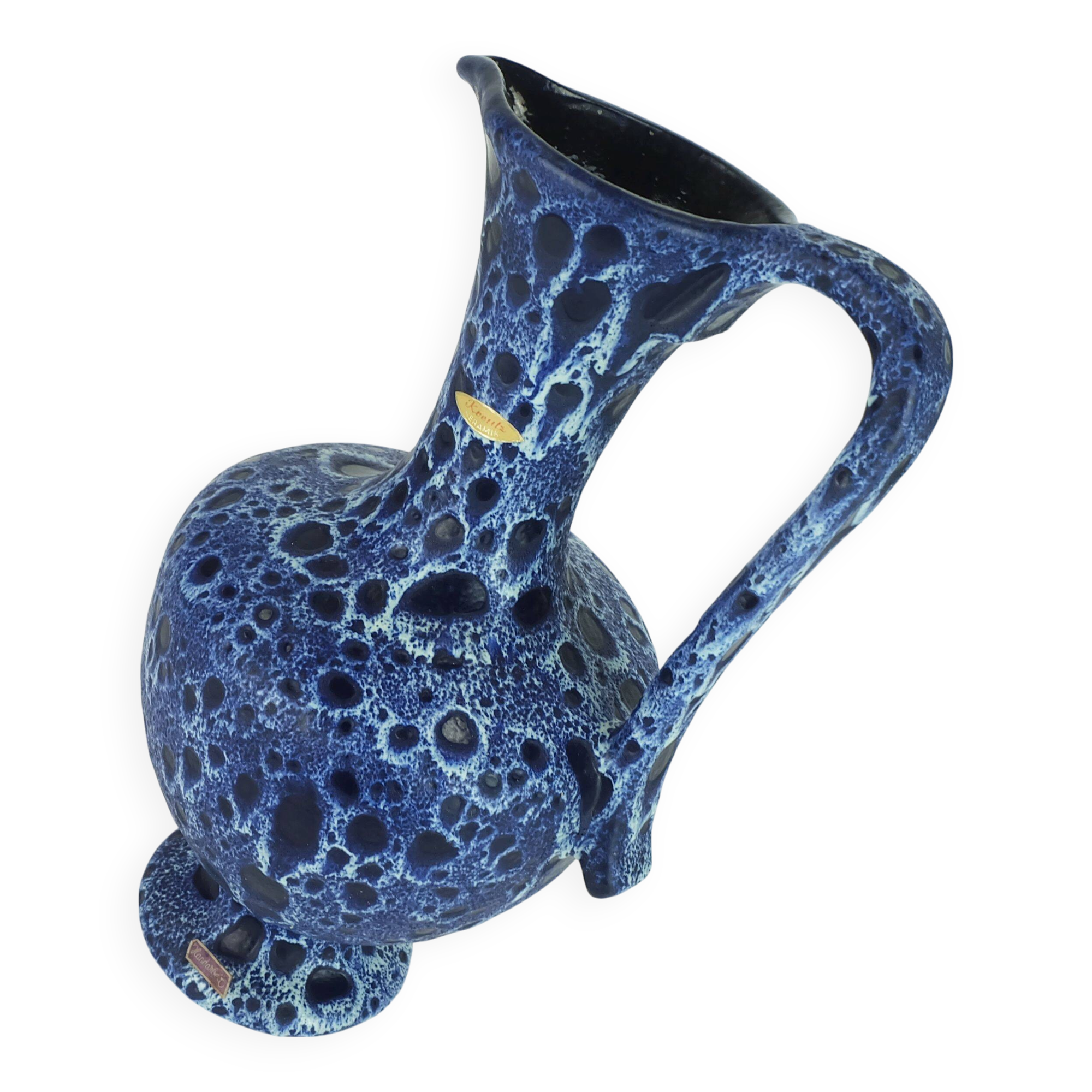 Large vintage kreutz-keramik 1960s 70s vase jug model 228 fat lava drip glaze intense blue