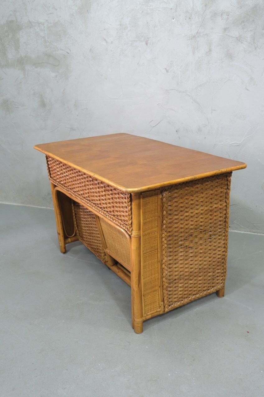 Mid-century italian bamboo, rattan and teak desk, 1960s