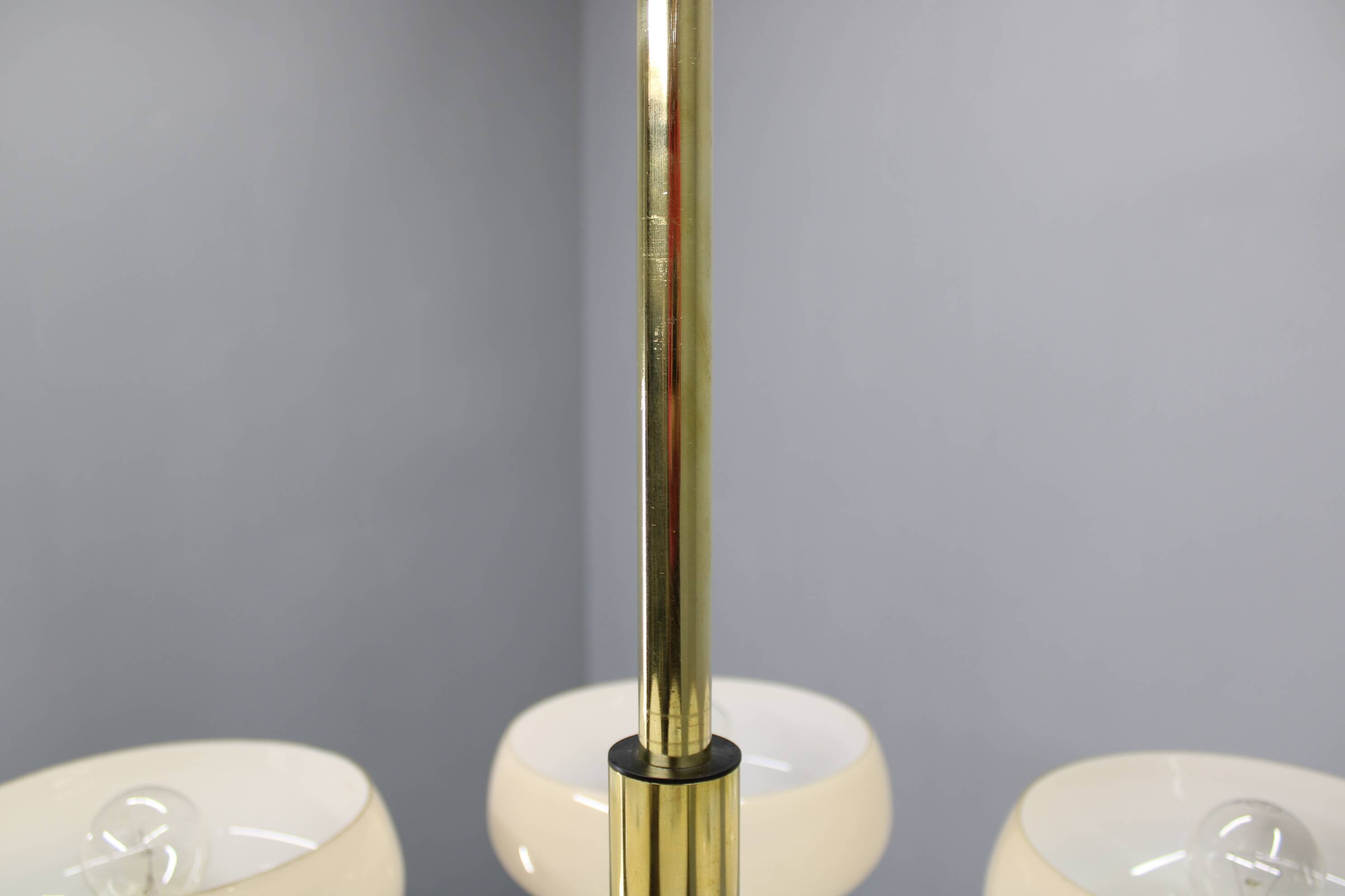 Art Deco brass chandelier with opaline glass, Czechoslovakia, 1930s