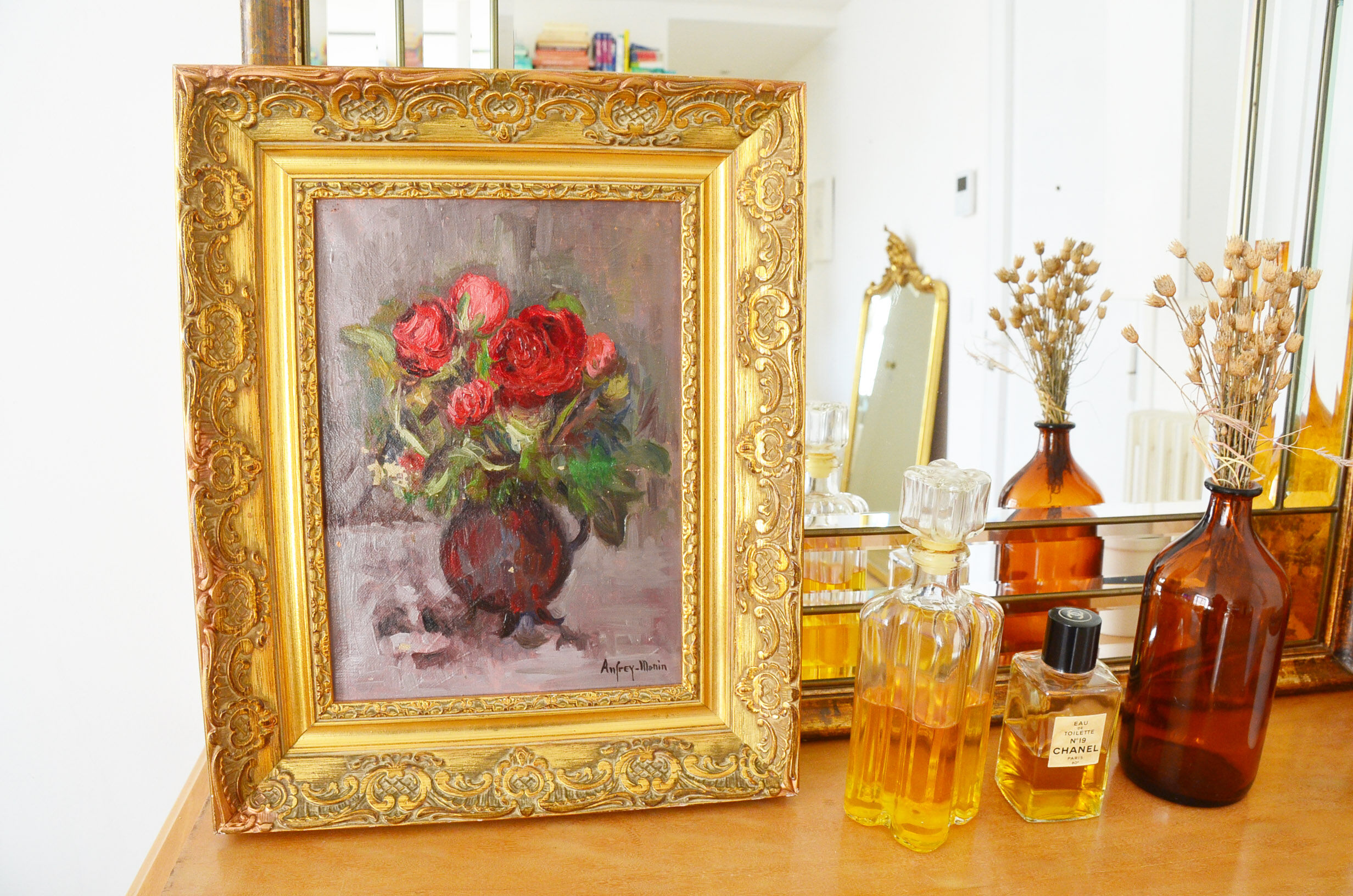 Oil on still-life canvas bouquet of flowers by Anfrey-Monin