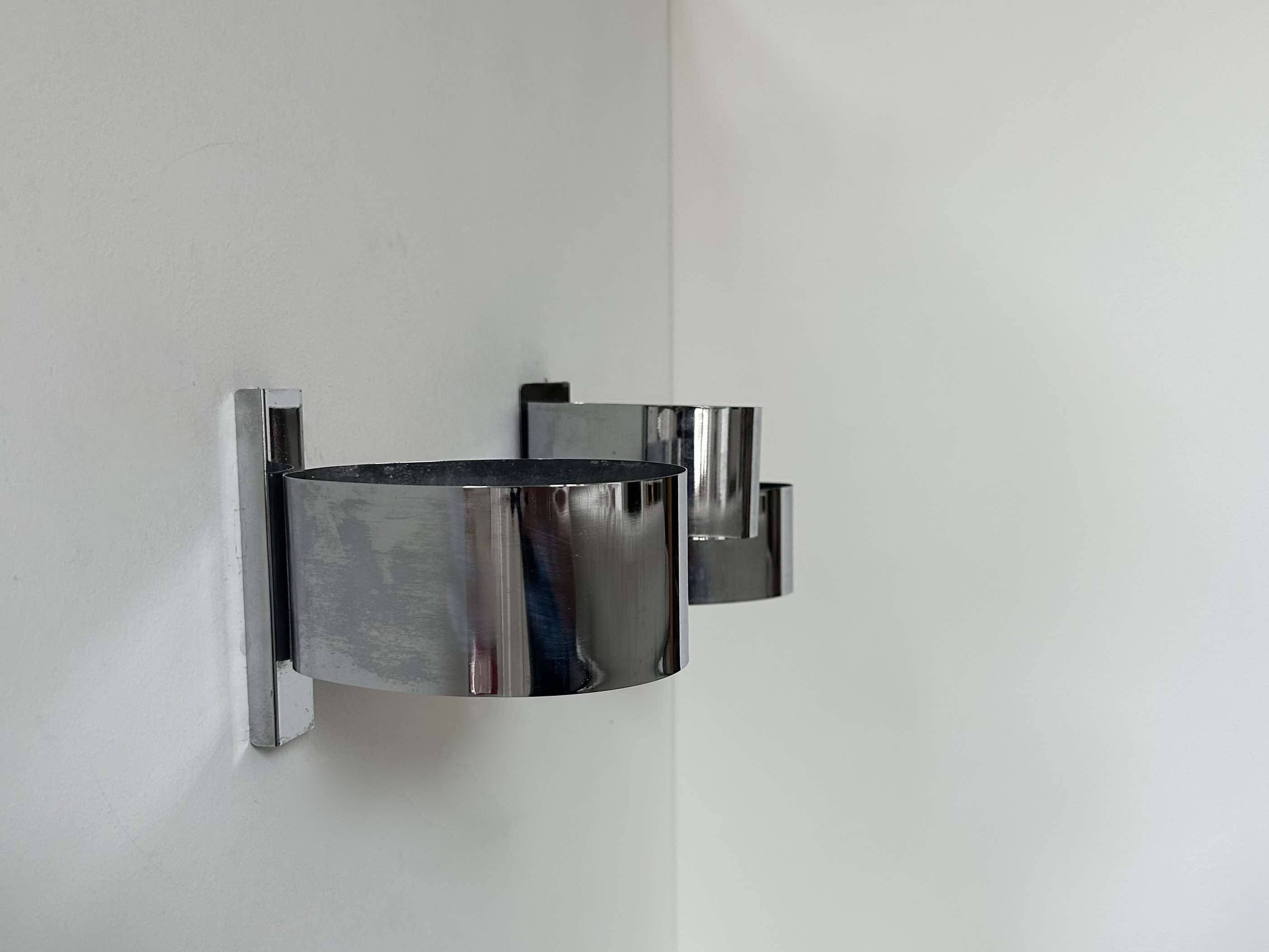 Pair of vintage wall lights, curved chrome metal, France 1970