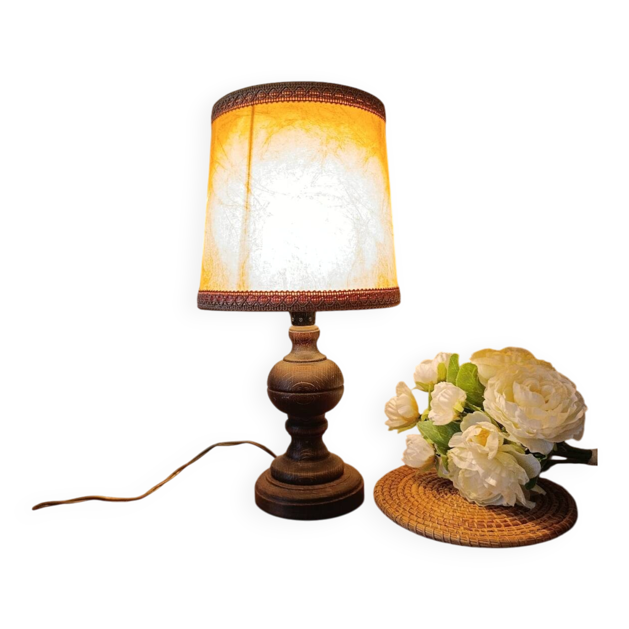 turned wooden table lamp, vintage leather shade