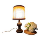 turned wooden table lamp, vintage leather shade
