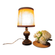 turned wooden table lamp, vintage leather shade