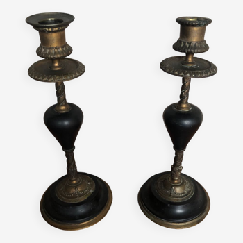 Old pair of bronze candlesticks & vintage black stone#A269