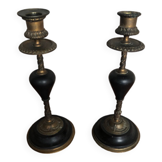 Old pair of bronze candlesticks & vintage black stone#A269