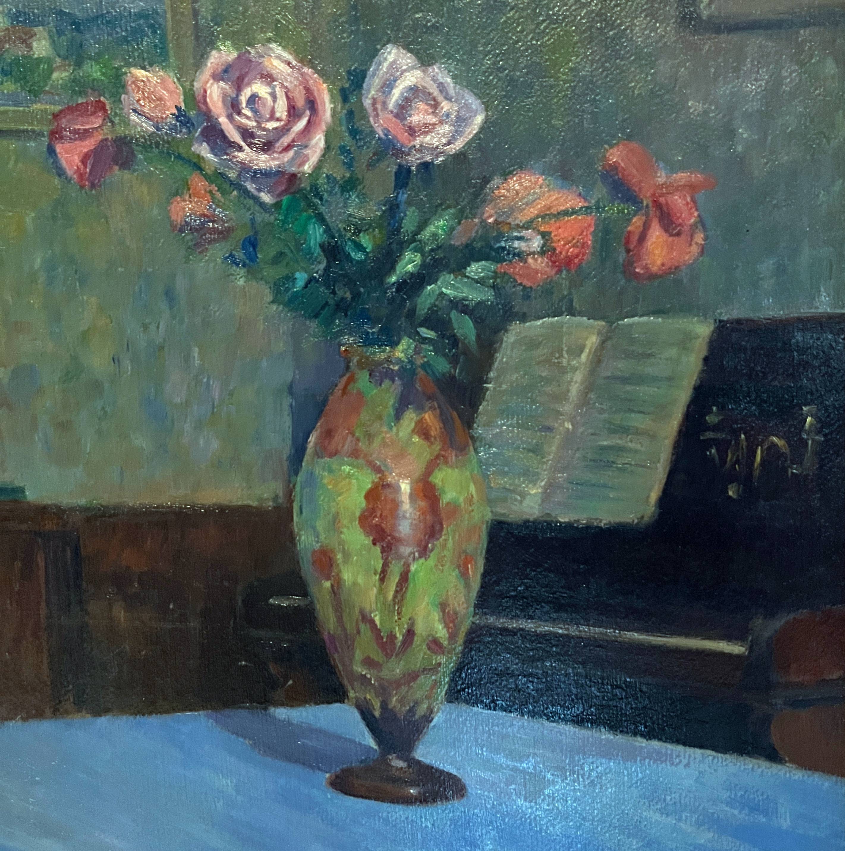 HSP Composition Interior painting with roses, glass paste vase and piano