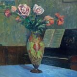 Tableau HSP Composition Intérieur aux roses, vase pâte de verre et piano