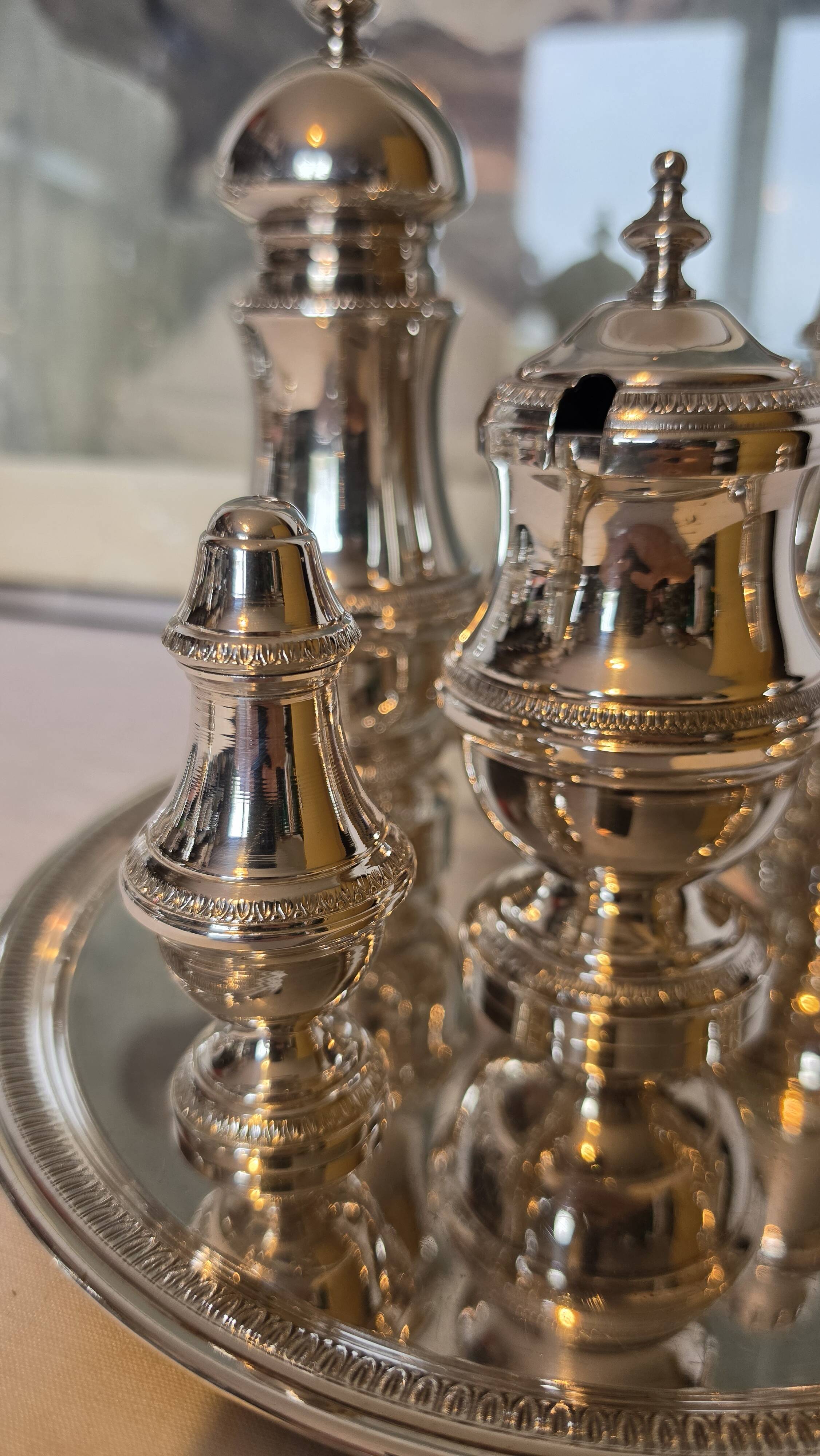Exclusive 6-piece silver-plated spice service, classic Georgian style.