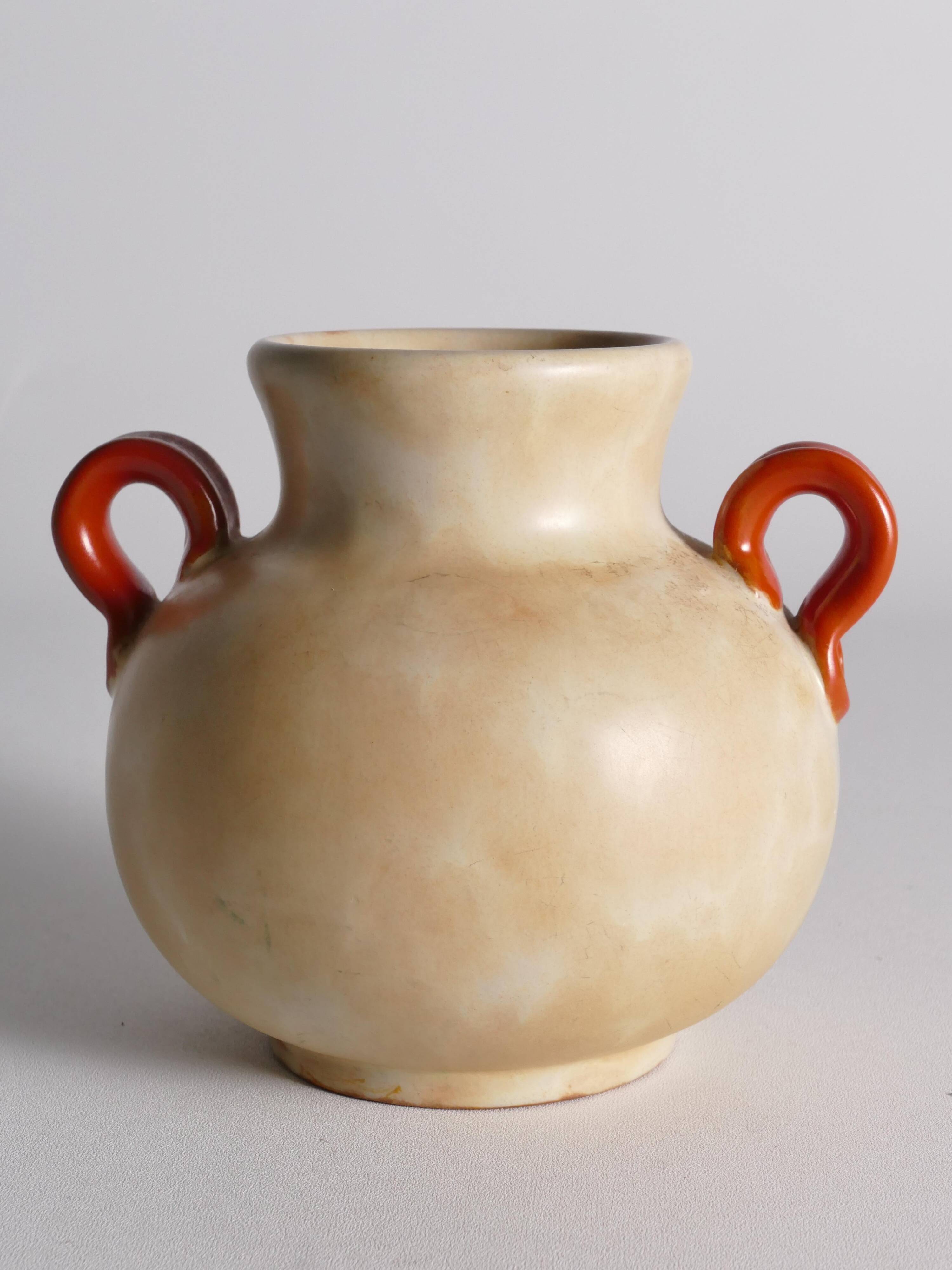 Art Deco Ceramic Beige Vase with Red Handles by Anna-Lisa Thomson, Upsala Ekeby