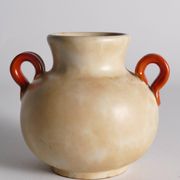 Art Deco Ceramic Beige Vase with Red Handles by Anna-Lisa Thomson, Upsala Ekeby