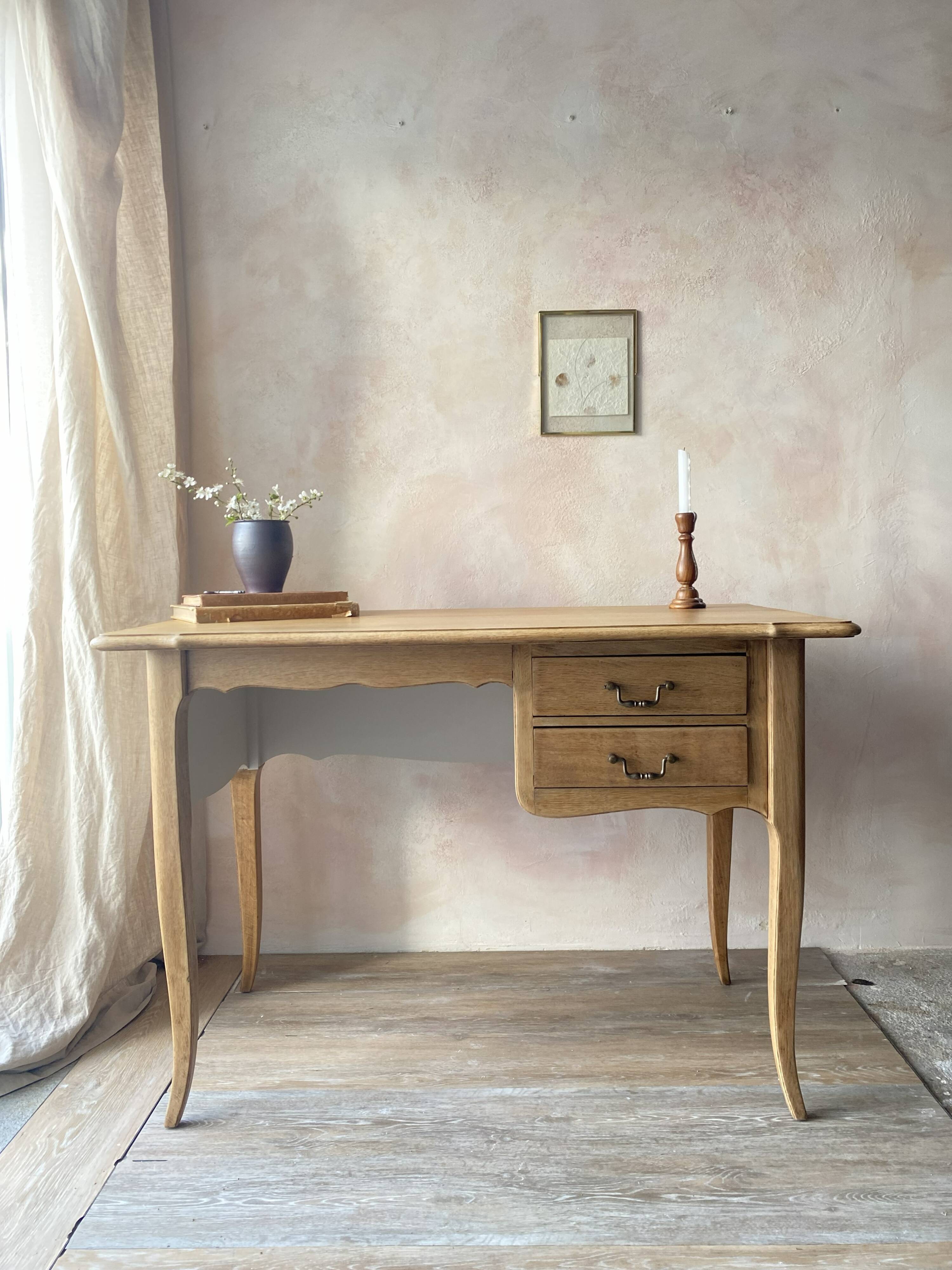 Antique 2-drawer desk in raw wood and beige, renovated.