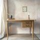 Antique 2-drawer desk in raw wood and beige, renovated.