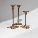 Set of 3 Doré Laiton Candle Holders – Art Nouveau Flower & Leaf Design, Italy, 1940s