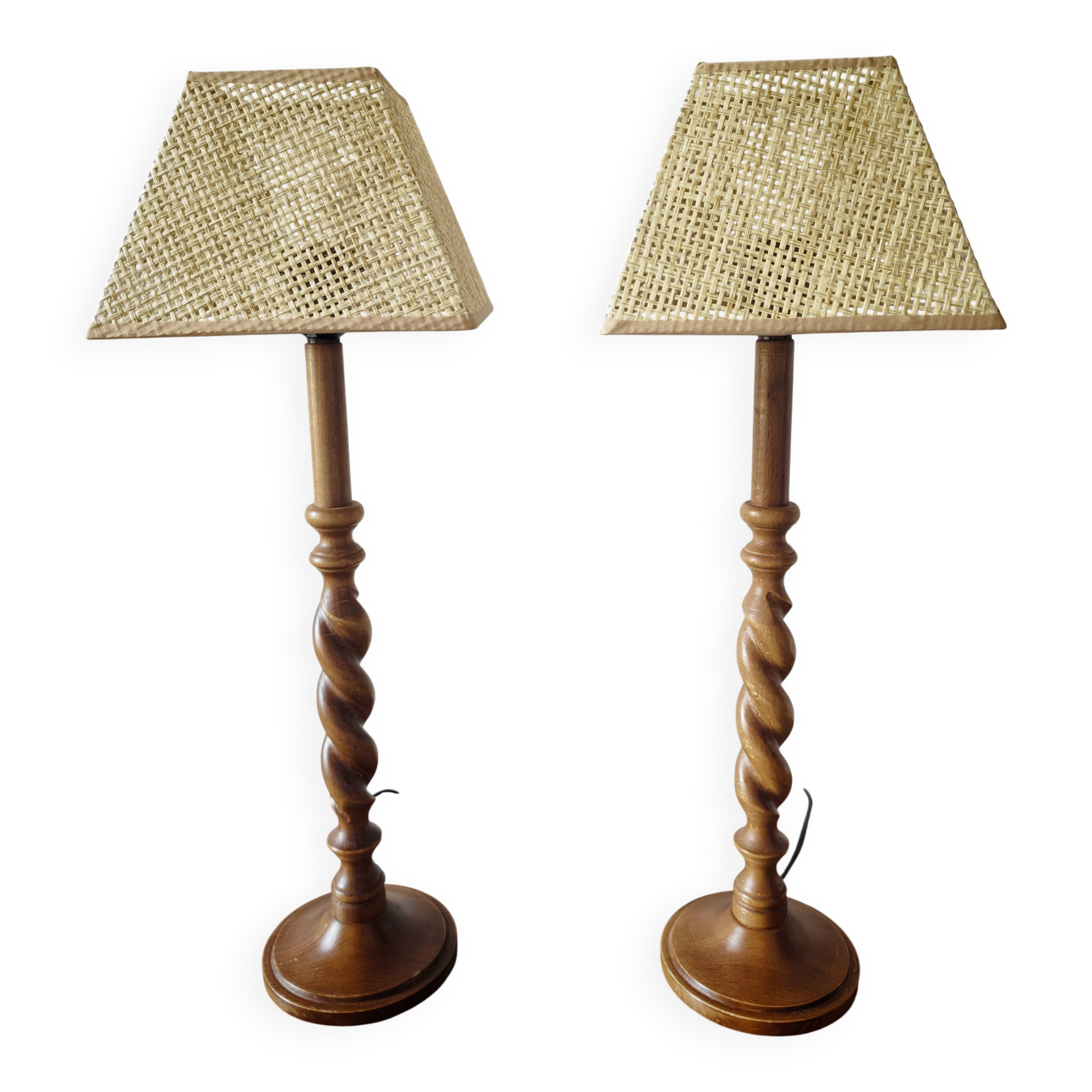 Pair of tall turned wooden lamps