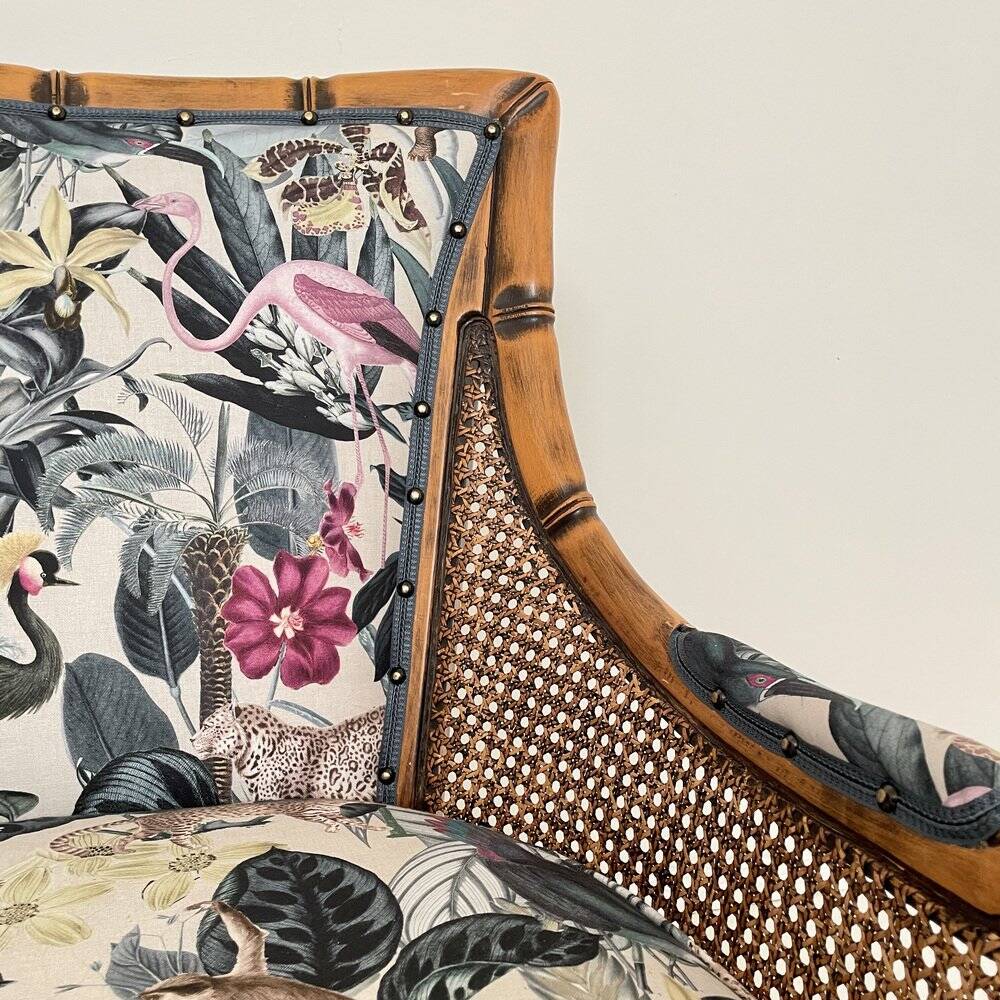 Mid-Century French Armchair in Bamboo Style with Animal Print Fabric, 1980