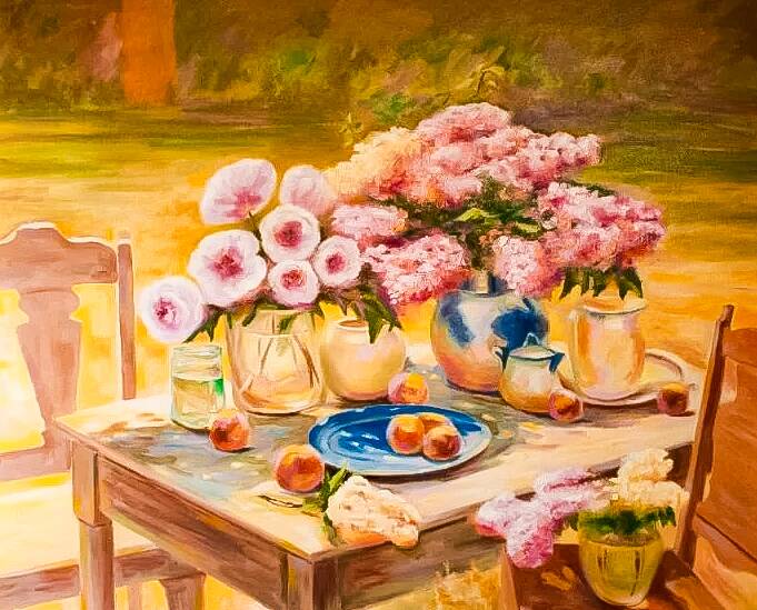 CUADRO CON FLORES Y FRUTAS PINTADO AL ÓLEO. BODEGÓN. CUADRO AL ÓLEO.