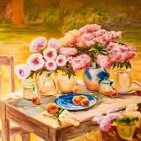 CUADRO CON FLORES Y FRUTAS PINTADO AL ÓLEO. BODEGÓN. CUADRO AL ÓLEO.