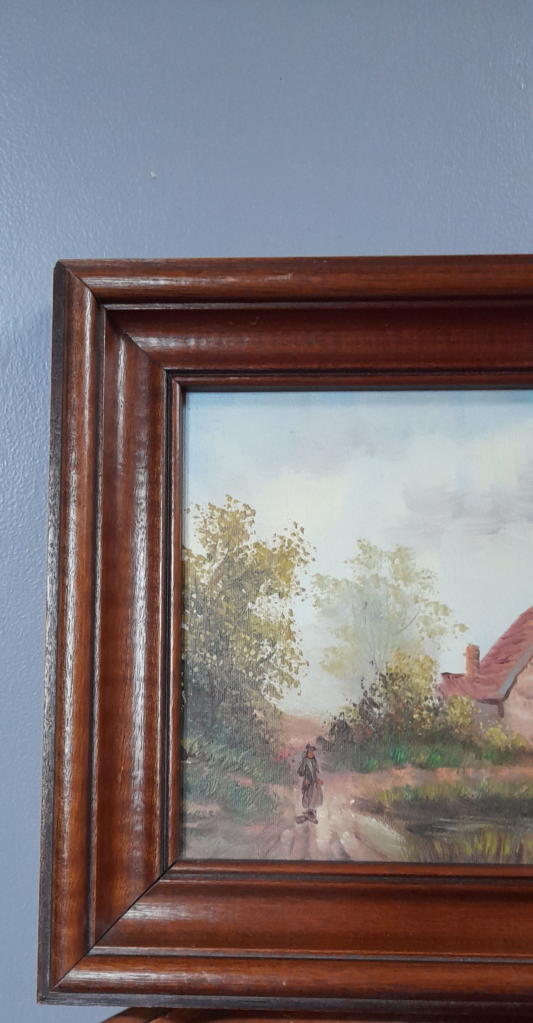 Old oil painting on canvas, country house, dark solid wood frame, mid-century