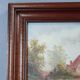 Old oil painting on canvas, country house, dark solid wood frame, mid-century
