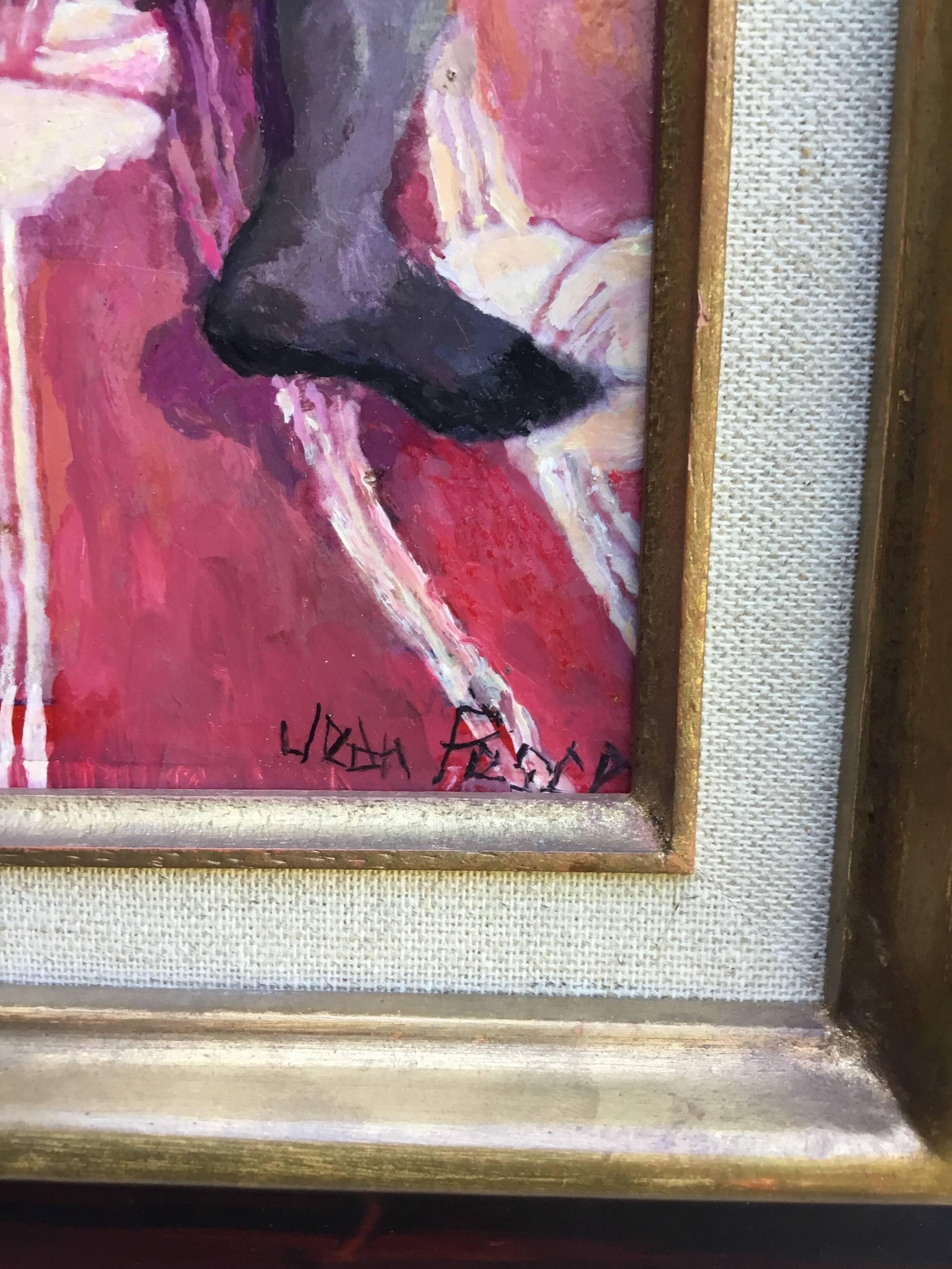 Jean Pesce. Nude with flowered sheets. Oil panel signed and framed