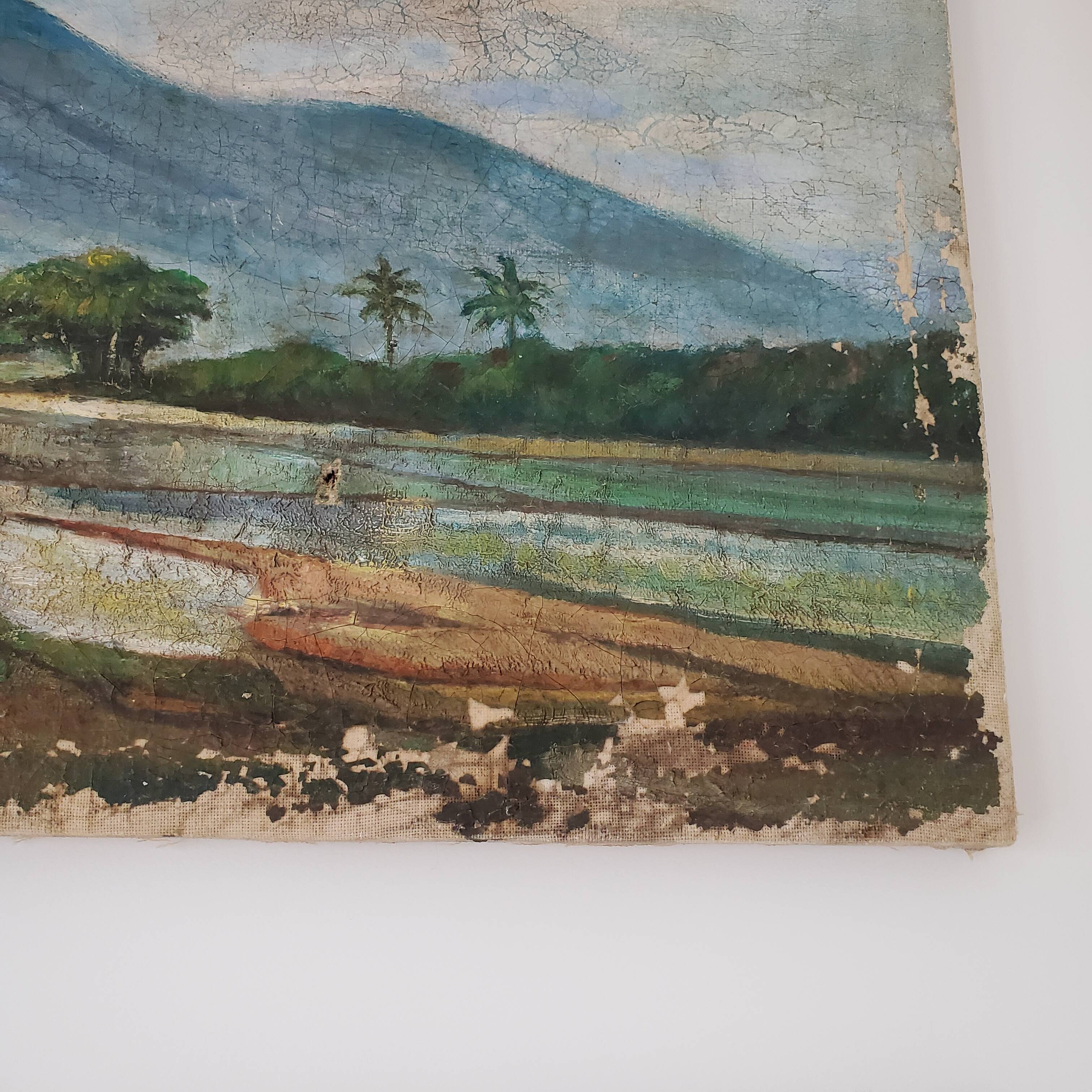 Tableau ancien peinture paysage de rizières et montage