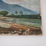 Large old painting landscape painting of rice fields and mounting