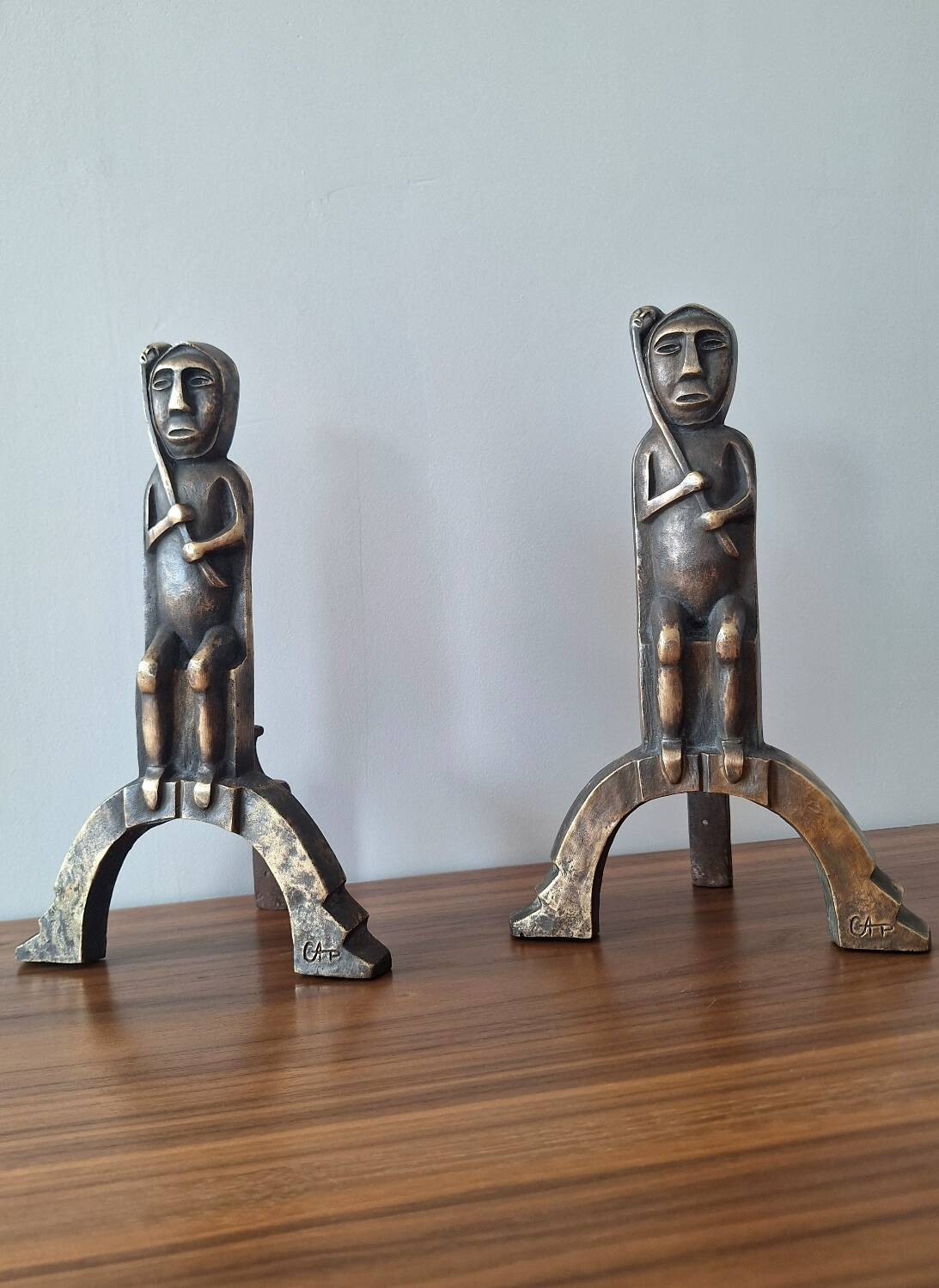 Anton Prinner pair of bronze andirons, Shaman model, statuettes vi