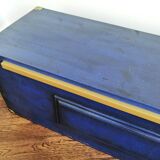 Coffre malle - banc en bois massif bleu Majorelle & laiton doré