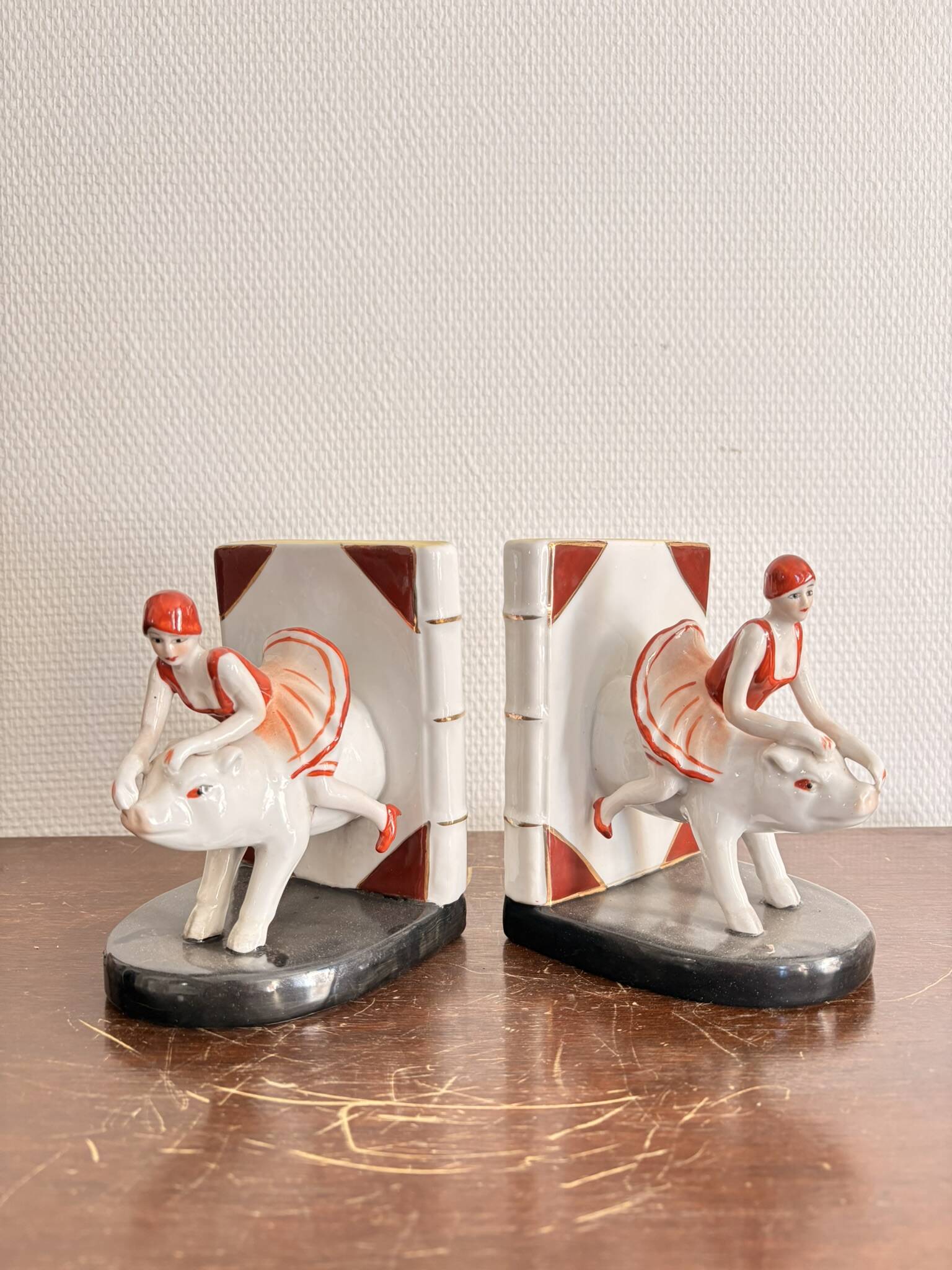 Old Pair of Bookends Porcelain White Girl Woman Equestrian Pig Art