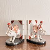 Old Pair of Bookends Porcelain White Girl Woman Equestrian Pig Art