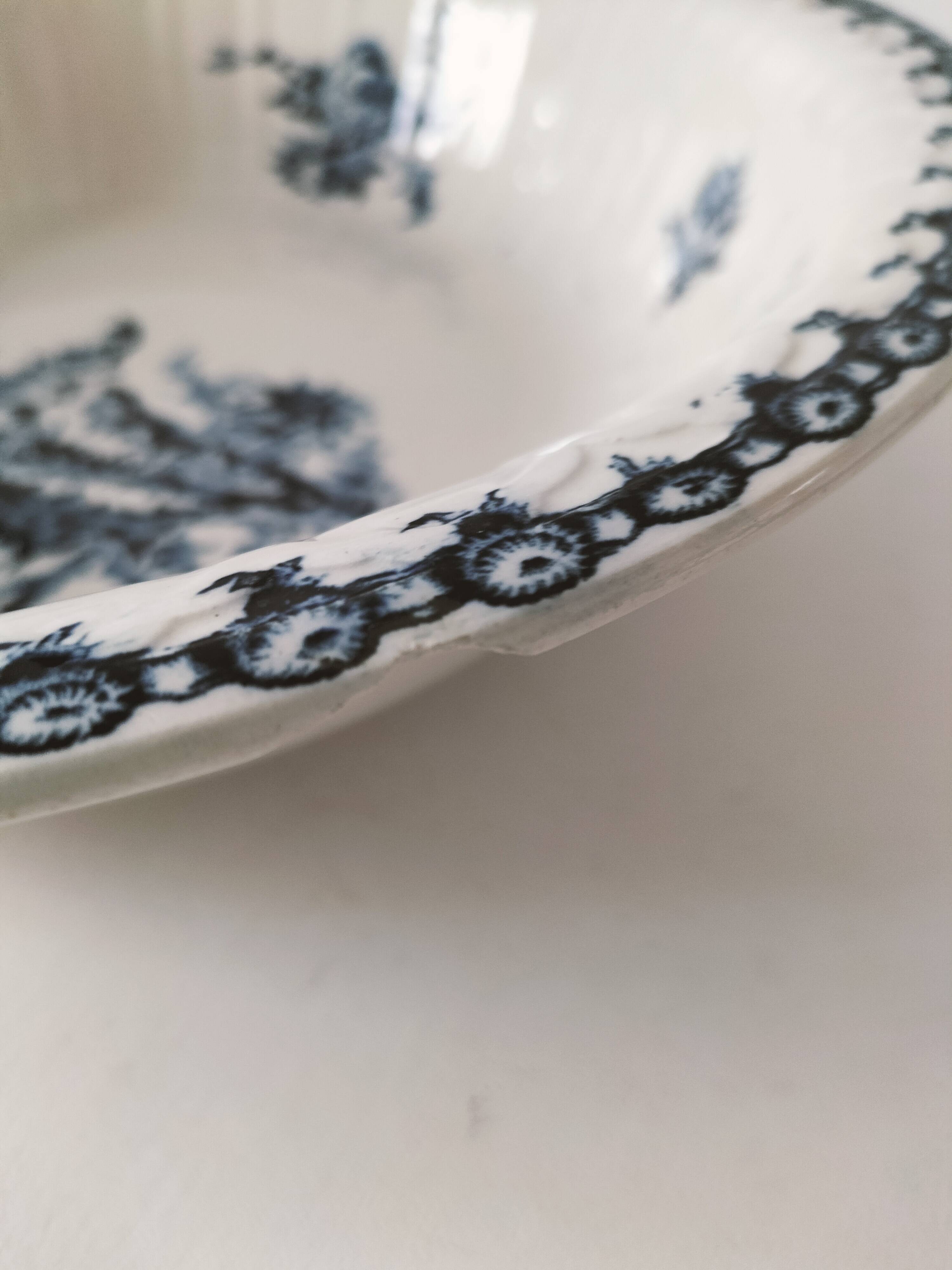 Large antique Gien hollow dish, Chardons blue model – fine 19th century earthenware