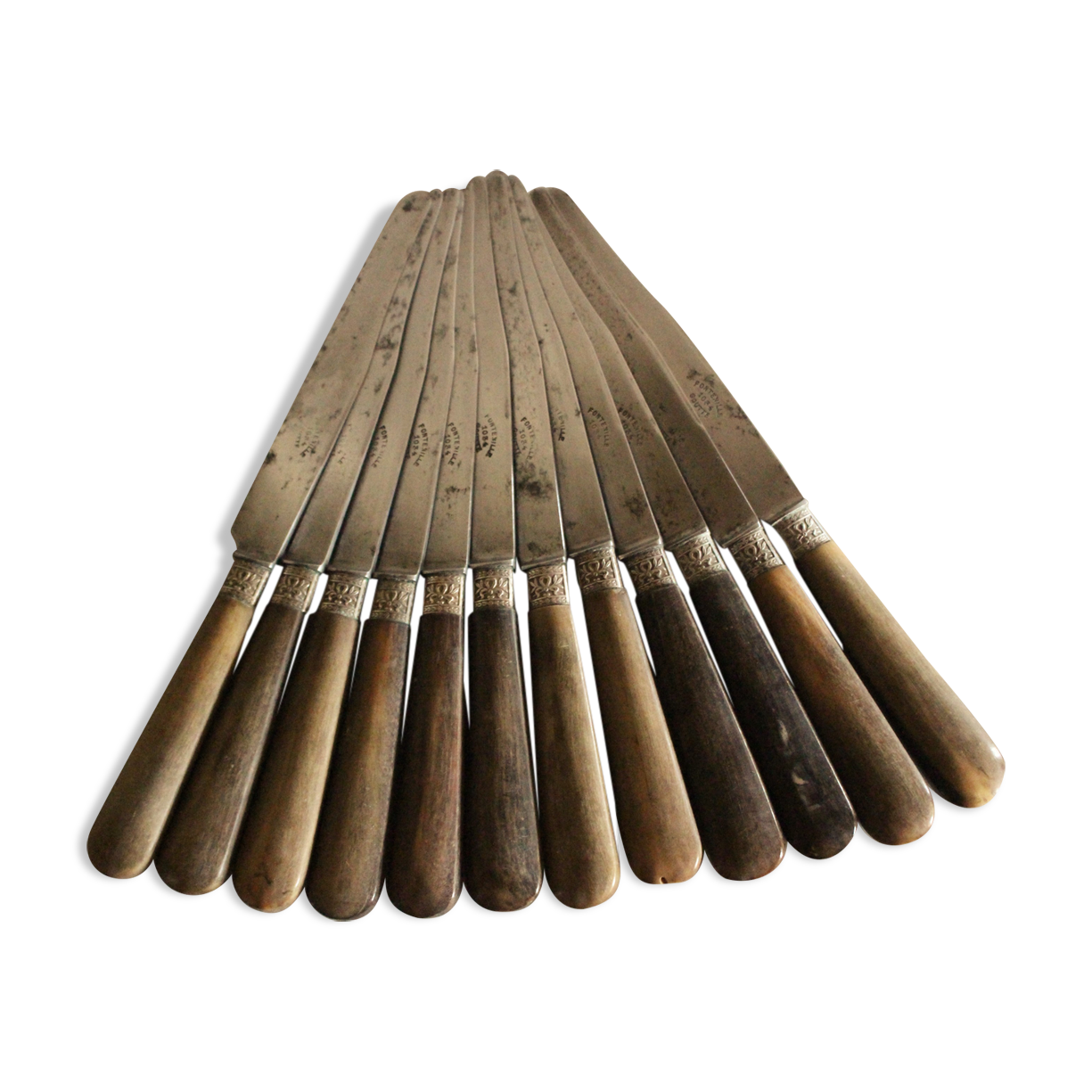 Lot 12 old knives handle wood fontenille 1034 drop viroles