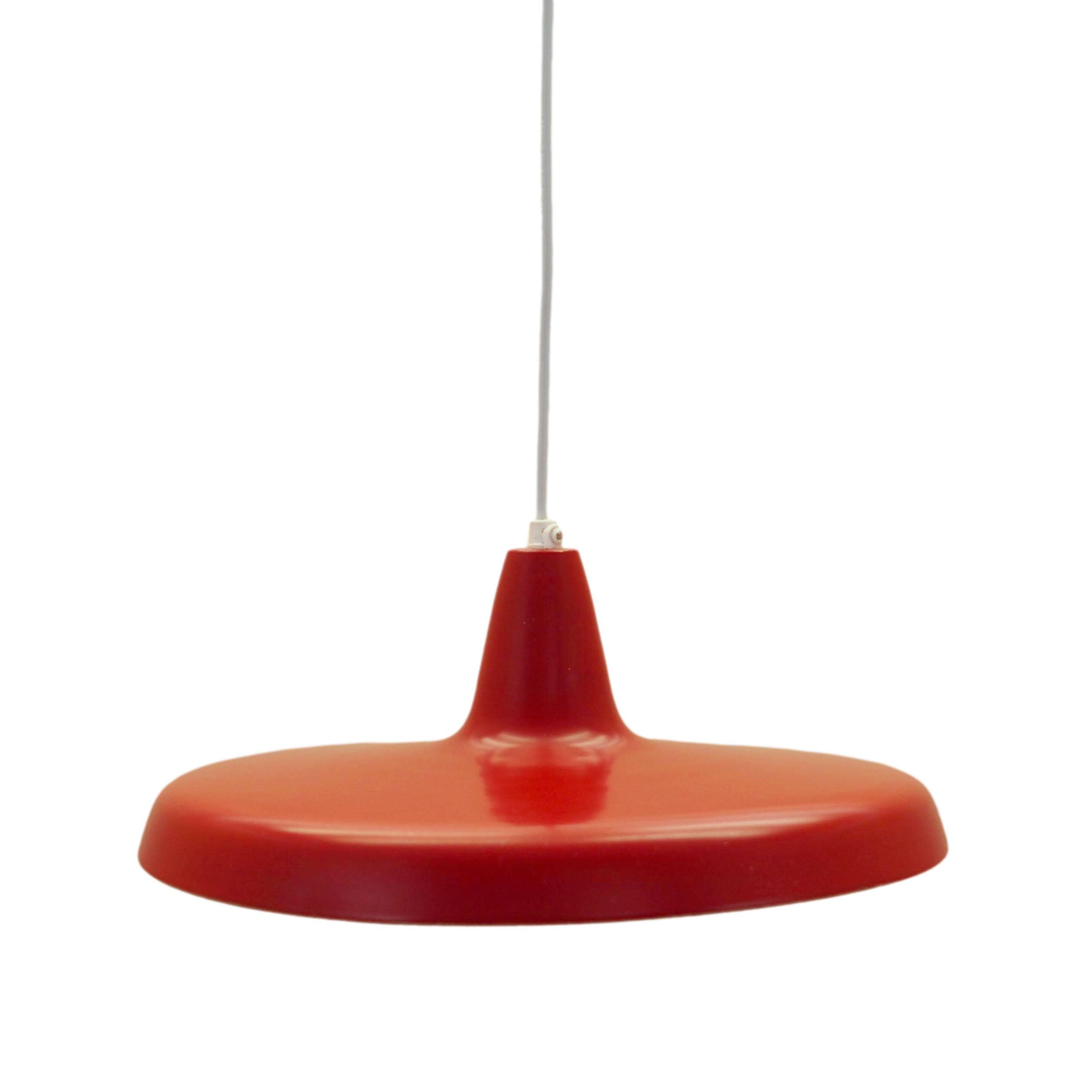 Danish red metal pendant lamp, industrial style, 1960s