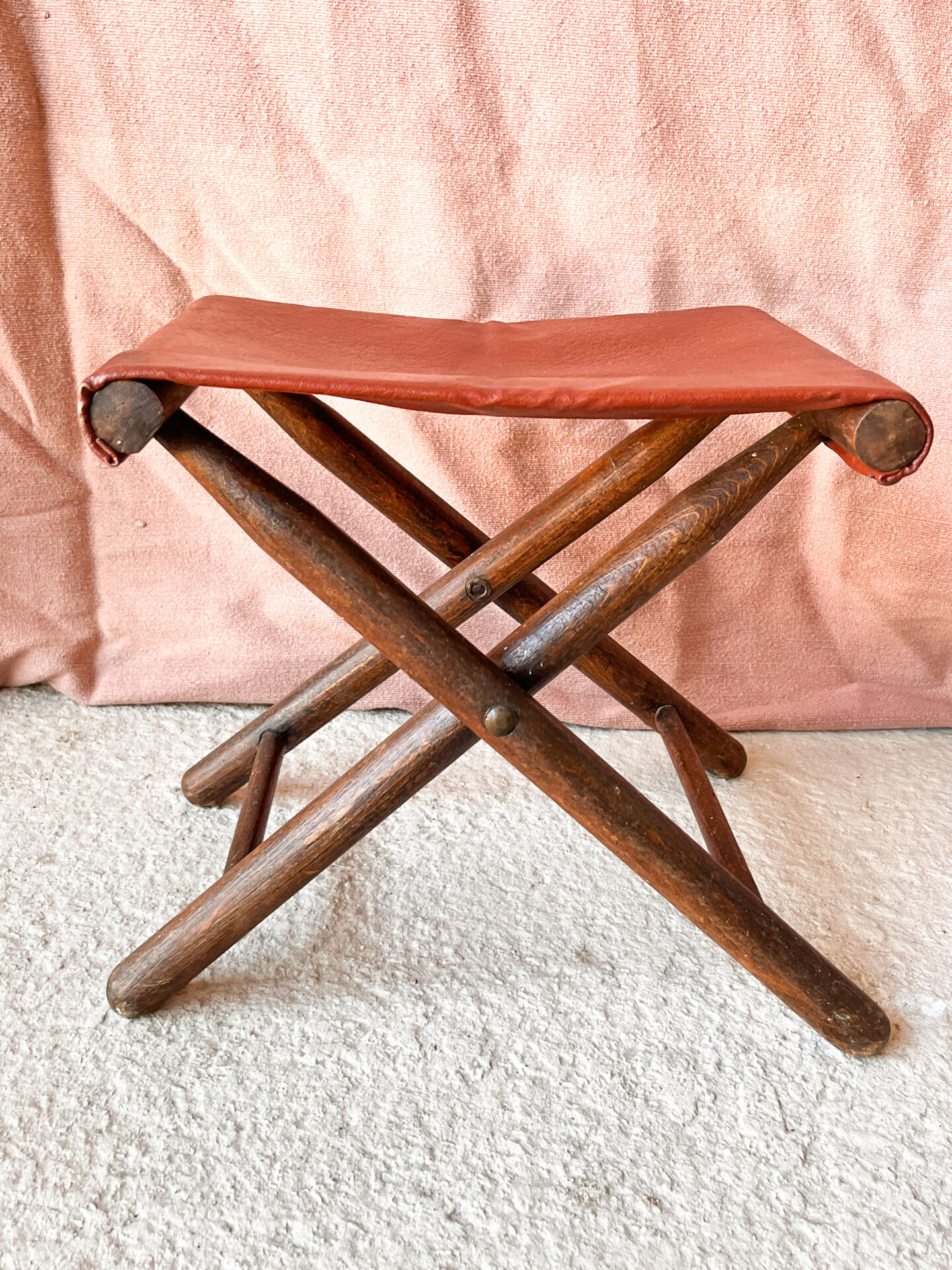 Vintage folding stool Leather & Wood Curule style