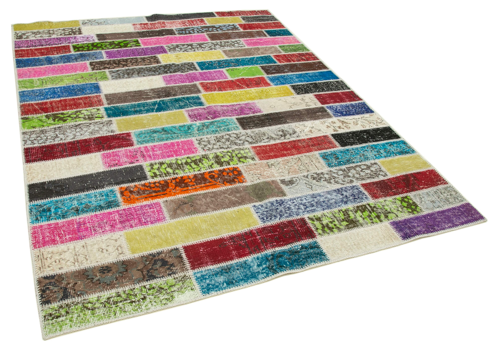 Handmade anatolian overdyed 176 cm x 227 cm multicolor patchwork carpet