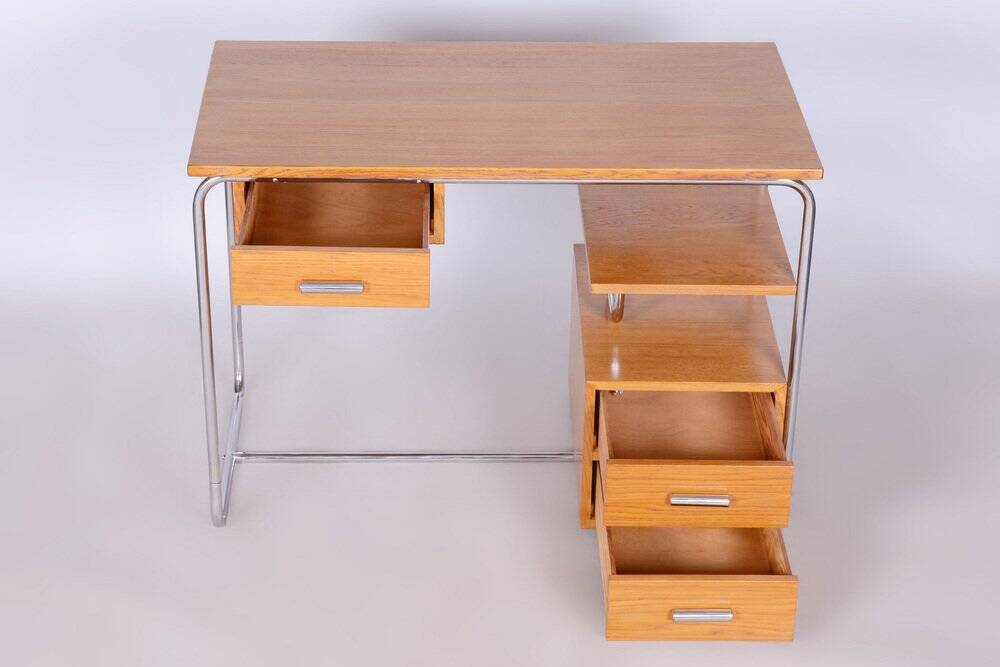 Bauhaus Writing Desk in Oak, Chrome-Plated Steel, Germany, 1930s