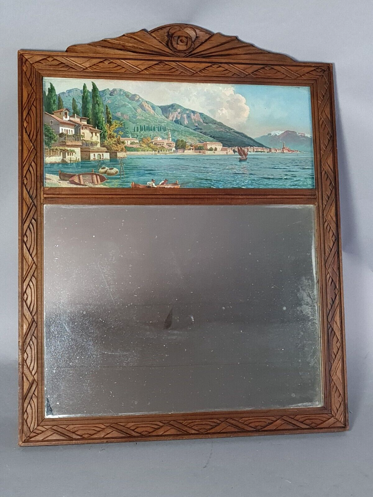 Mirror in frame art deco carved wood waxed 58x46 cm sb
