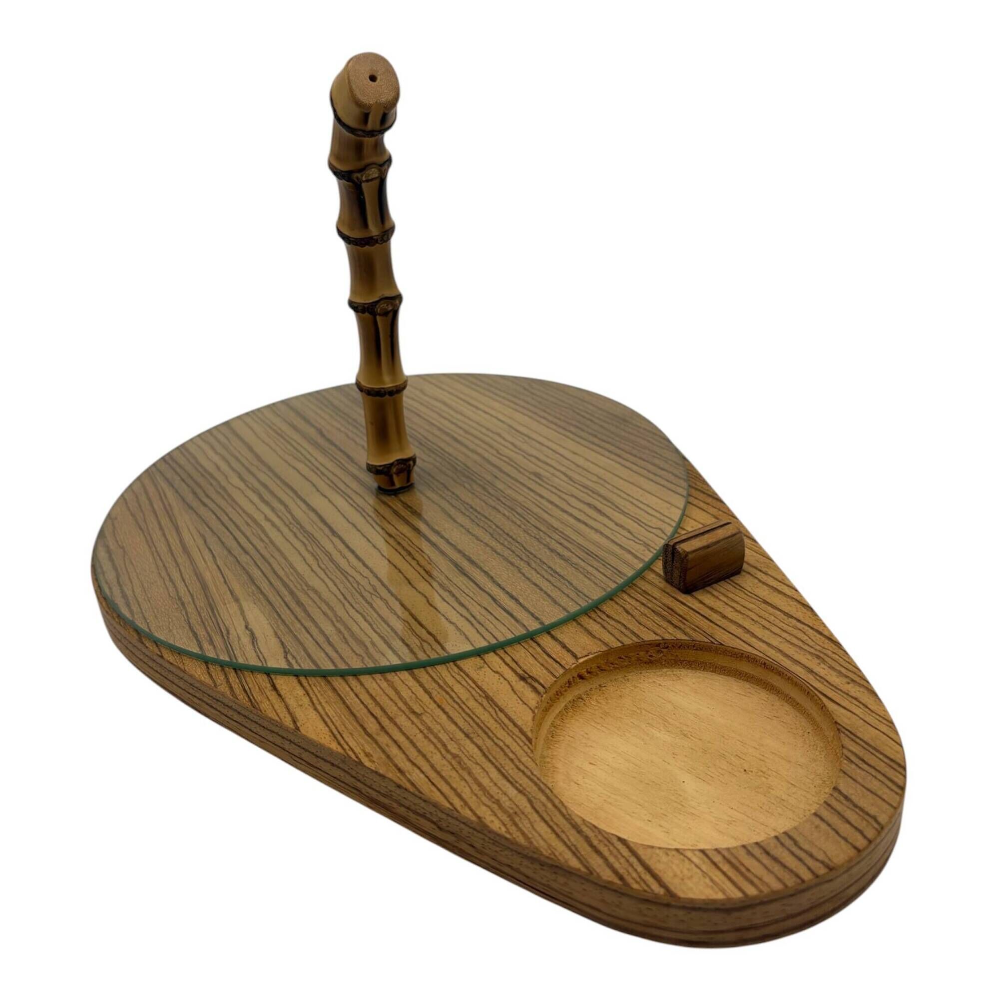 Vintage service tray wood, glass and bamboo – 1960s