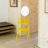 Yellow metal side table with swiveling oval mirror and two tray shelves, vintage 1960s Italy