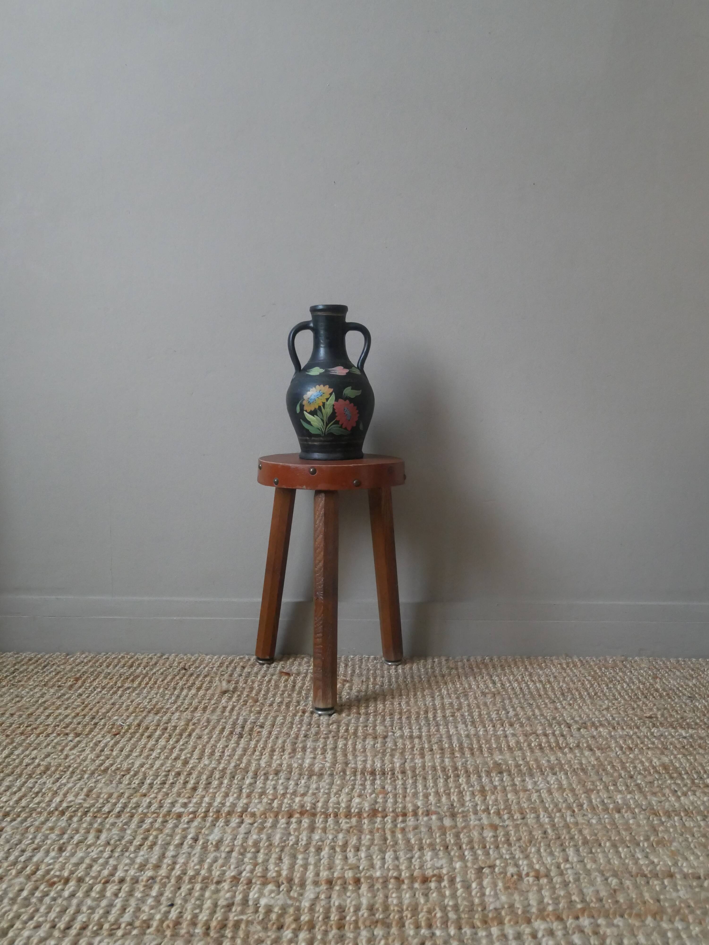 Handmade pottery vase with handles, handcrafted ceramics, antique countryside, floral decor