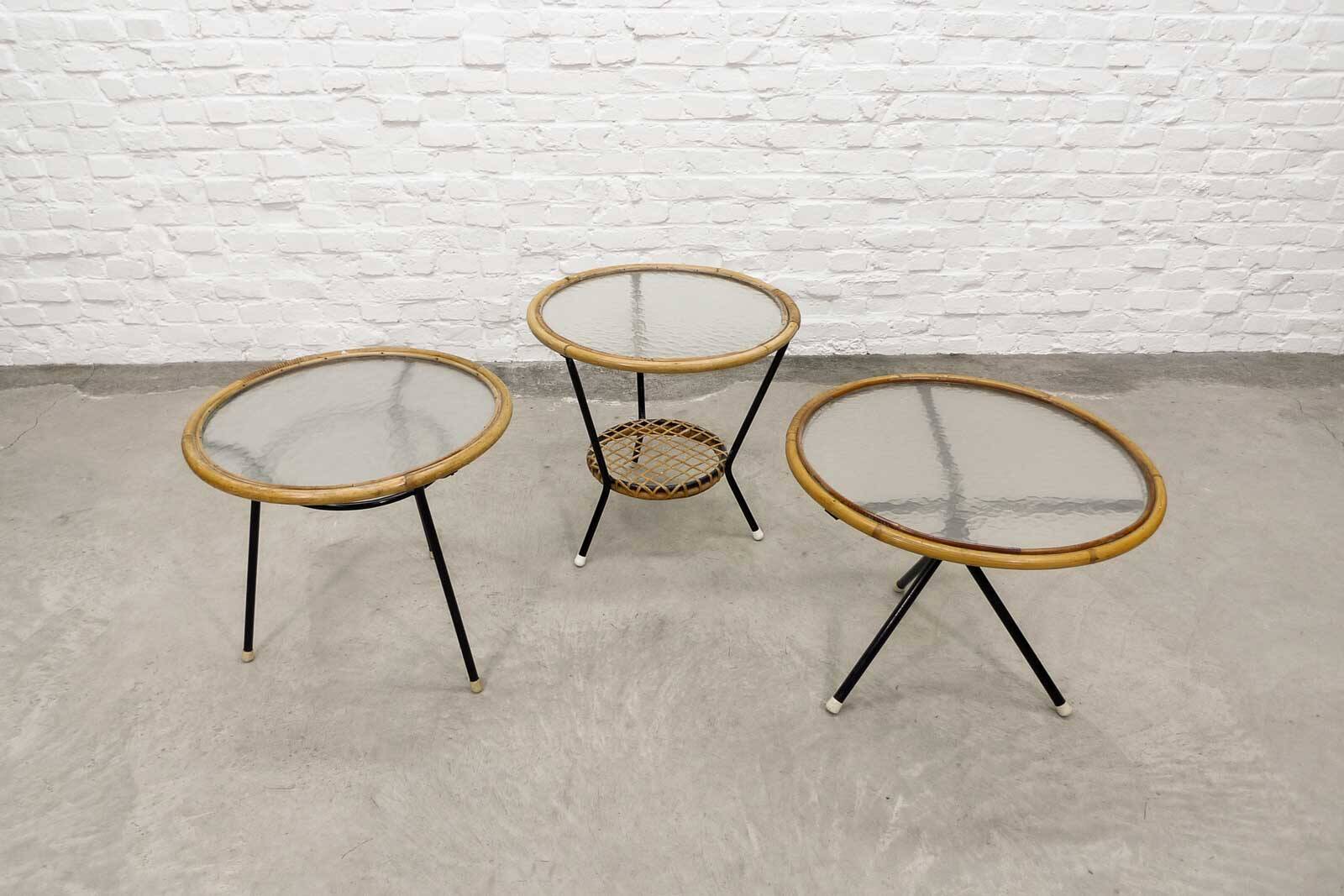 Mid-Century Set of Three Round Rattan and Glass Side Tables, 1960s