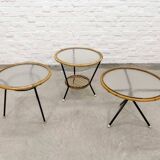 Mid-Century Set of Three Round Rattan and Glass Side Tables, 1960s