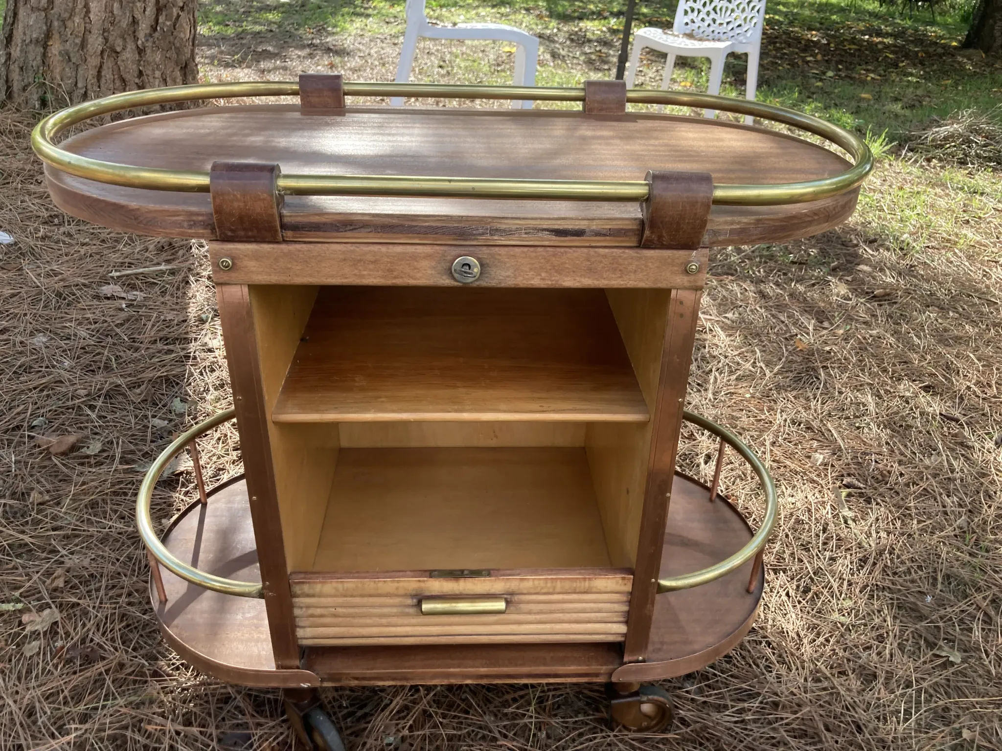 Vintage wooden and brass rolling dessert trolley – 1950s/60s